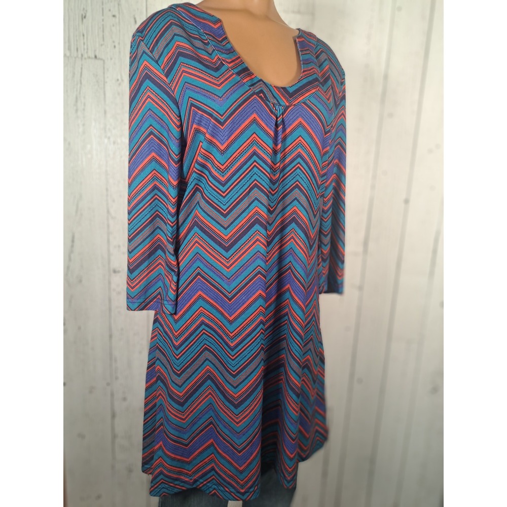 Annabella Tunic Top Womens Large Teal‎ Purple Orange Chevron Zigzag 3/4 Sleeve